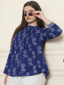 Frempy Women Blue Floral Printed Pure Cotton Top