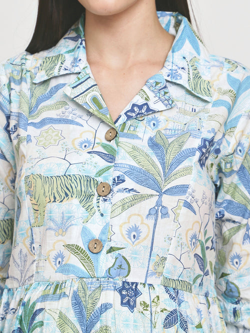 Frempy Women Fit and Flare Ligth Blue Floral Printed Maxi/Full Length Dress