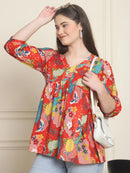 Frempy Women Red Printed Pure Cotton Top