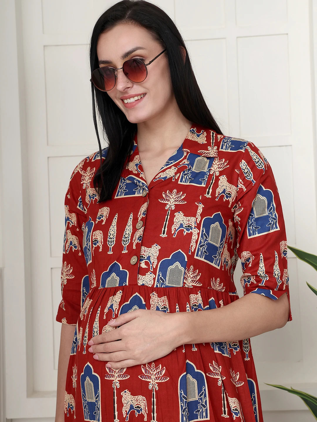 Frempy Women Fit and Flare Maroon Printed Maxi/Full Length Maternity Dress