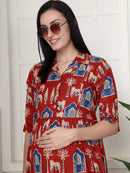 Frempy Women Fit and Flare Maroon Printed Maxi/Full Length Maternity Dress