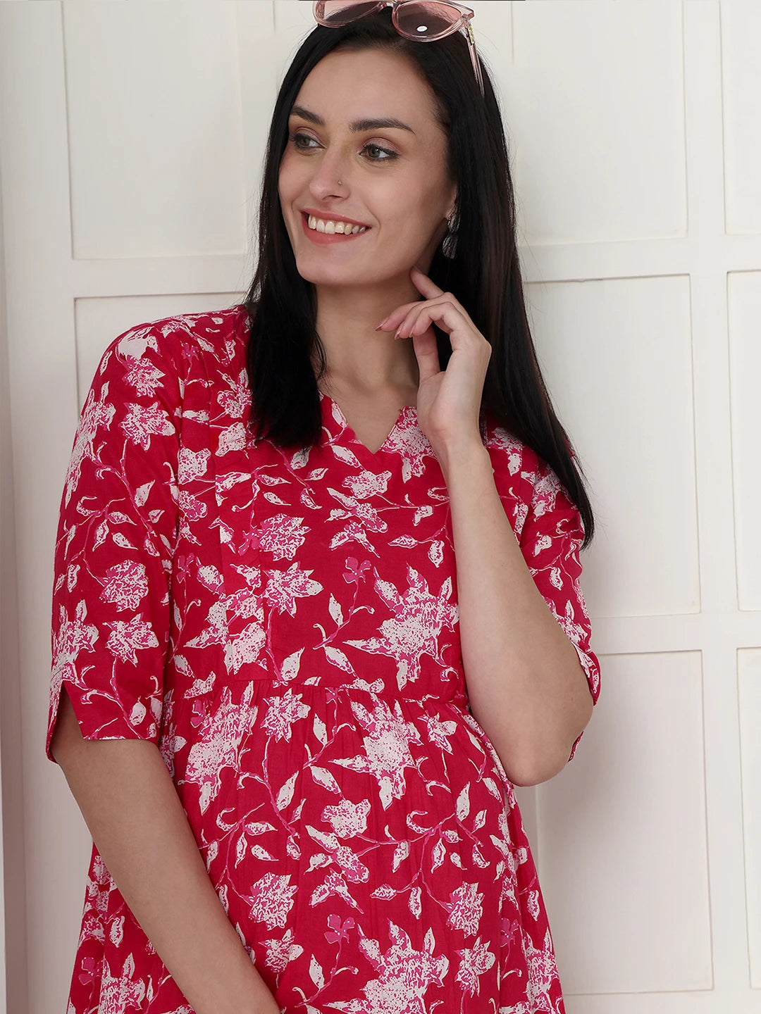 Frempy Women Pink Floral Printed  Maternity Dress