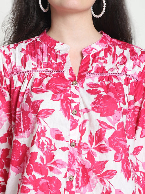 Frempy Women Pink Floral Printed Pure Cotton Top