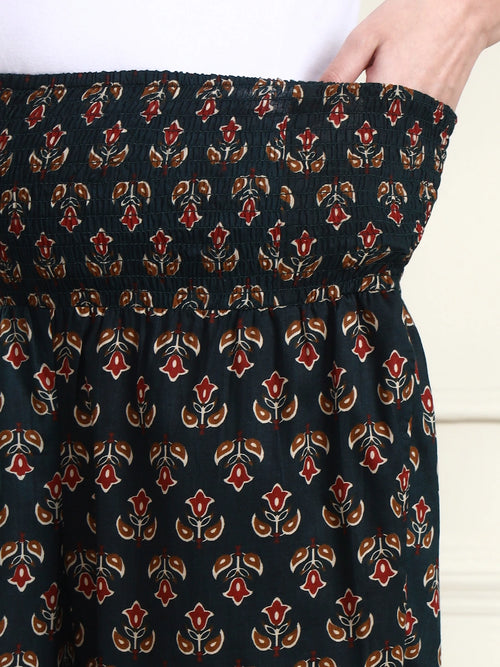Frempy Bottle Green Floral Motif Pure Cotton Maternity Trousers