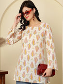 Ivory Ethnic Motifs Printed Lace-Up Back Pure Cotton Short Kurti