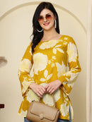 Mustard Yellow Floral Print Lace-Up Pure Cotton Kurti