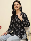 Black Leaf Printed  Lace-Up Back Pure Cotton Short Kurti