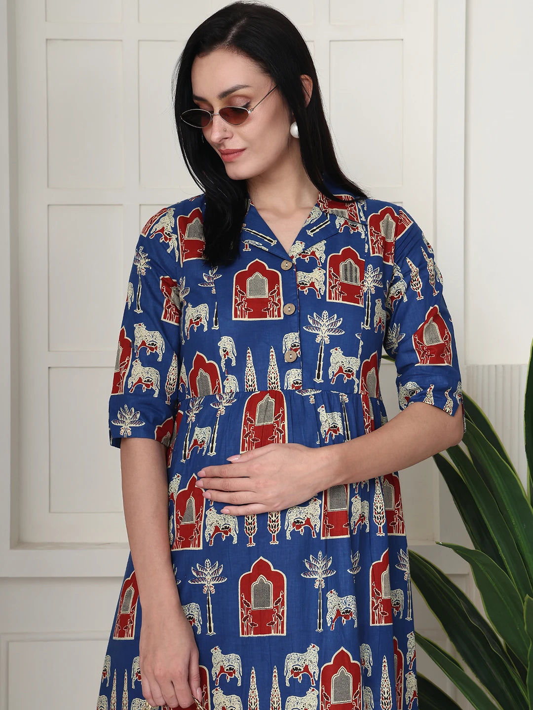 Frempy Women Fit and Flare Blue Printed Maxi/Full Length Maternity Dress