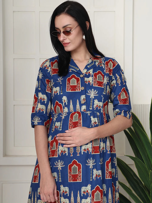 Frempy Women Fit and Flare Blue Printed Maxi/Full Length Maternity Dress