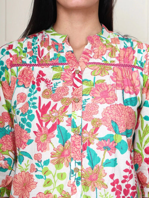 Frempy Women Multicoloured Floral Pure Cotton Top