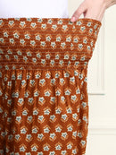 Frempy Rust Brown Floral Print Smocked Waist Pure Cotton Maternity Trousers