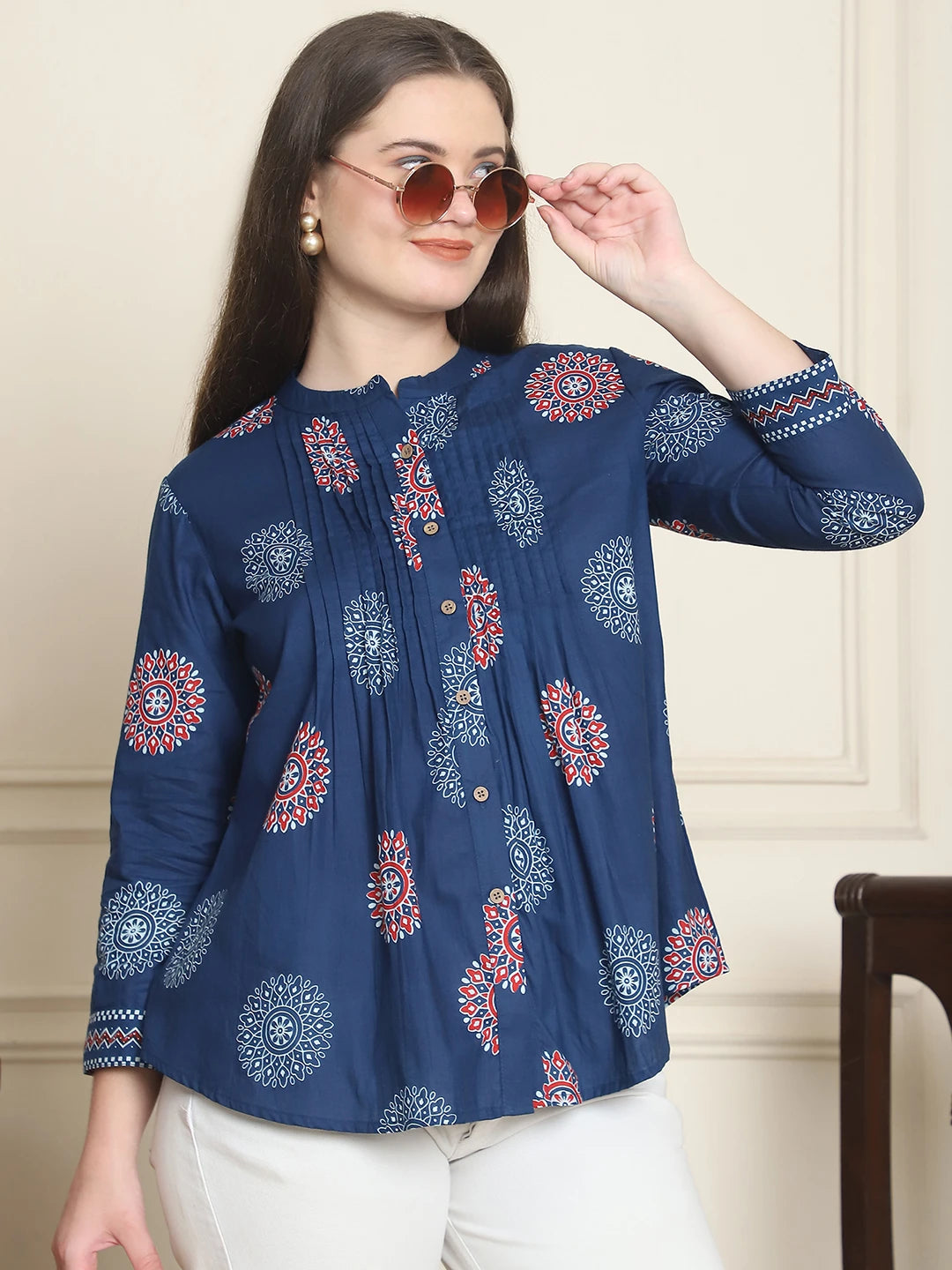 Frempy Women Navy Blue Mandala Floral Printed Pure Cotton Top