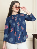 Frempy Women Navy Blue Mandala Floral Printed Pure Cotton Top