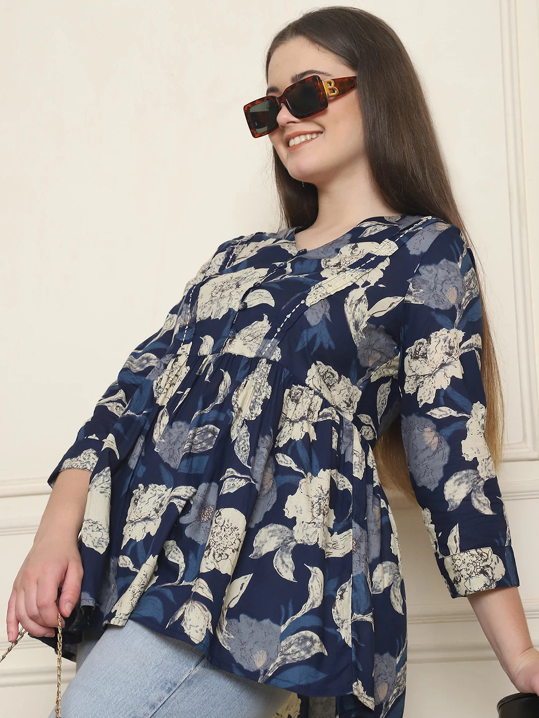 Frempy Women Navy Blue Floral Pure Cotton Tops