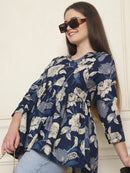 Frempy Women Navy Blue Floral Pure Cotton Tops