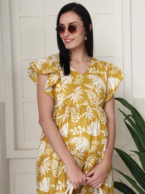 Frempy Women Yellow Floral Printed Maternity Midi Dress