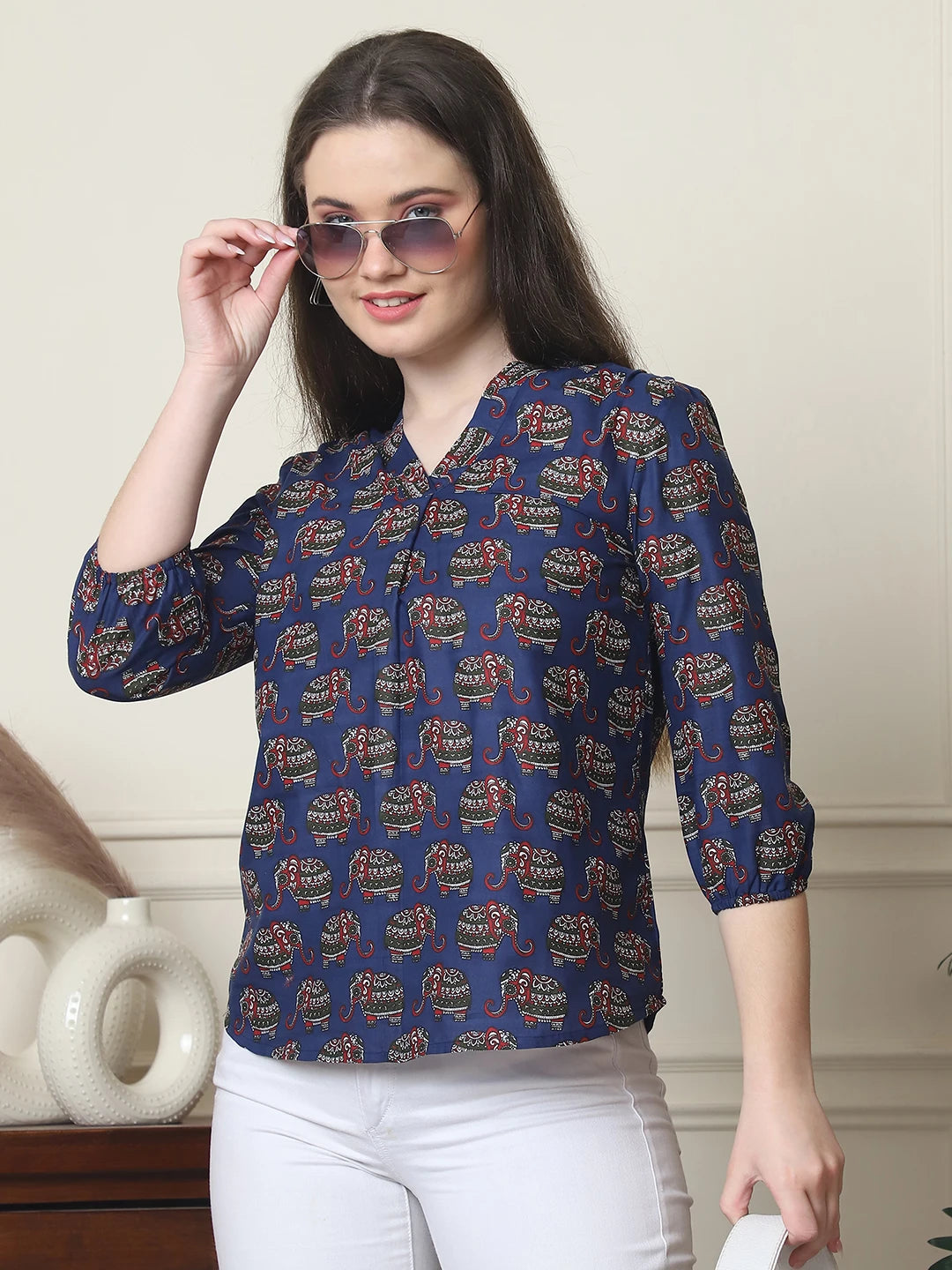 Frempy Women Navy Blue Elephant Printed Pure Cotton Top