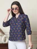 Frempy Women Navy Blue Elephant Printed Pure Cotton Top