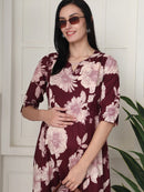 Frempy Women Maroon Floral Printed  Maternity Dress