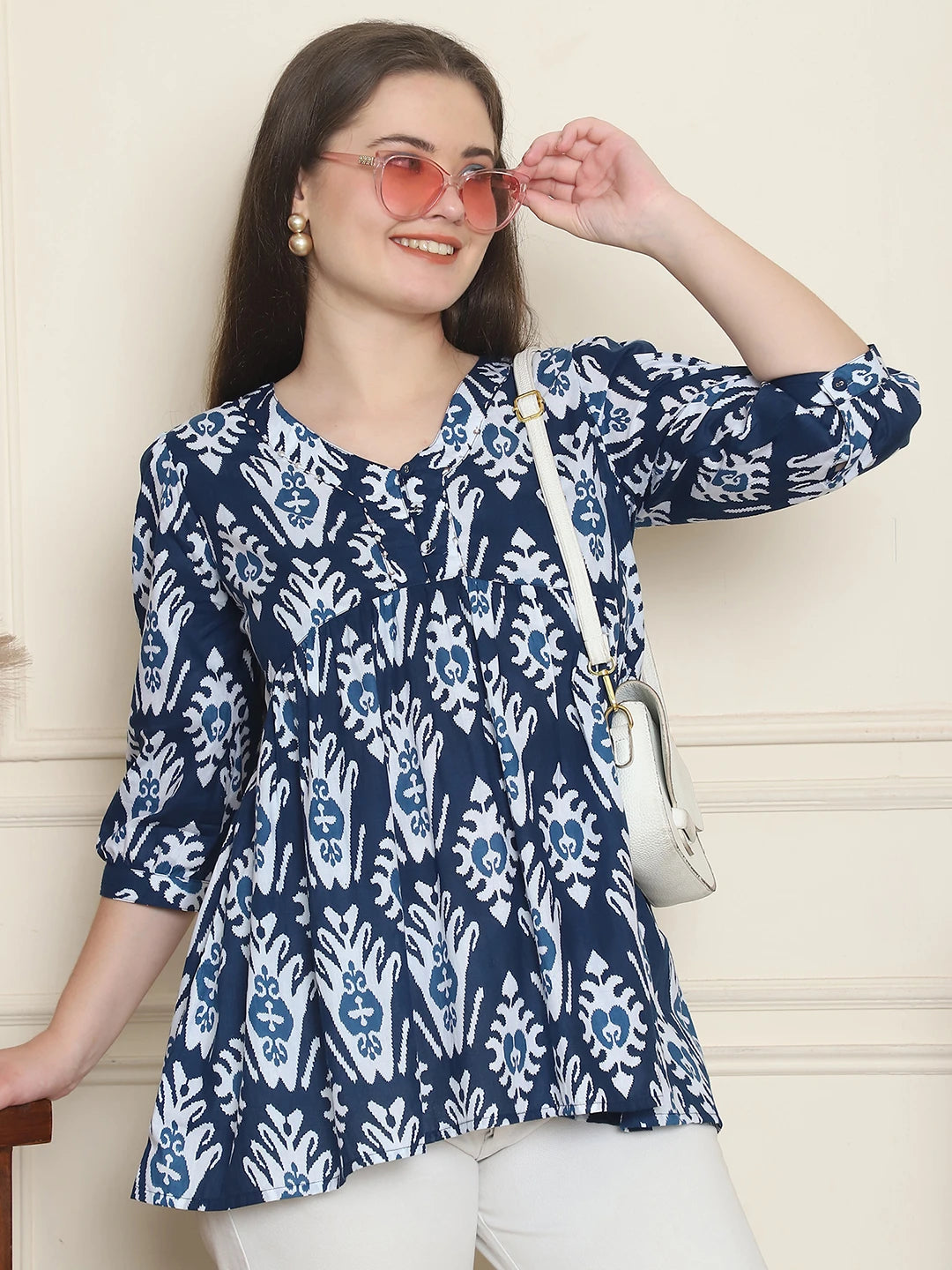 Frempy Women Blue Ikat Motif Pure Cotton Tops