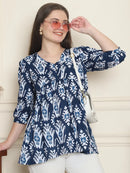 Frempy Women Blue Ikat Motif Pure Cotton Tops