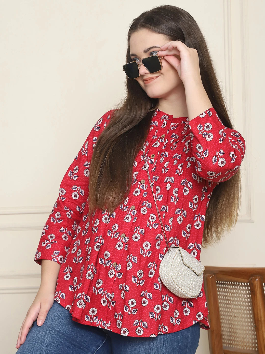 Frempy Women Red Floral Printed Pure Cotton Top