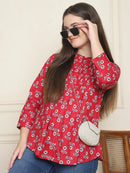 Frempy Women Red Floral Printed Pure Cotton Top