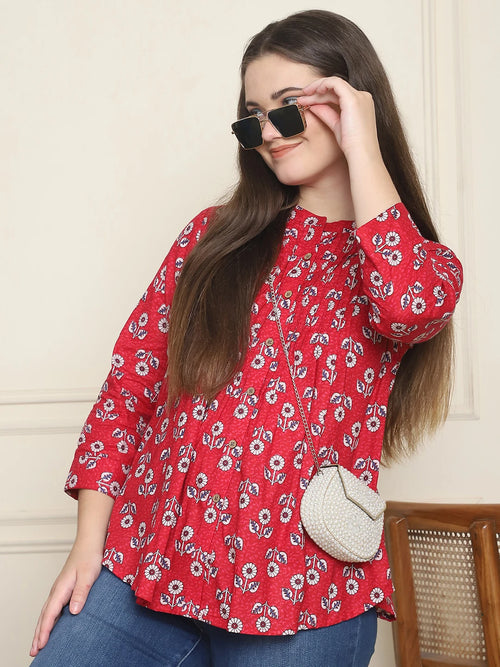 Frempy Women Red Floral Printed Pure Cotton Top