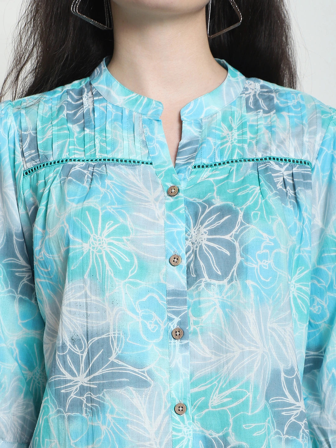 Frempy Women Teal Floral Printed Pure Cotton Top