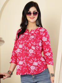 Pink Floral Buttoned Mandarin Collar Cotton Top