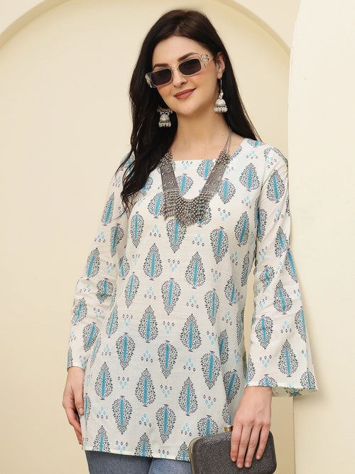 Ivory Blue Ethnic Motifs Printed Lace-Up Back Pure Cotton Short Kurti