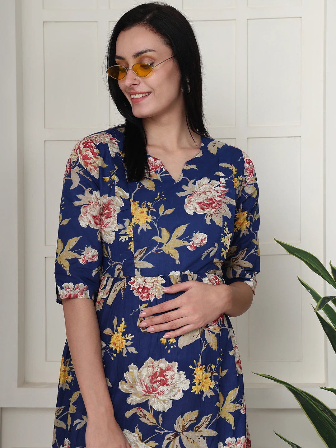 Frempy Women Navy Blue Floral Printed  Maternity Dress
