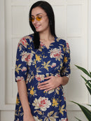 Frempy Women Navy Blue Floral Printed  Maternity Dress