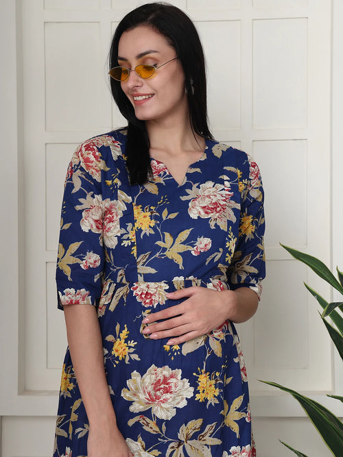 Frempy Women Navy Blue Floral Printed  Maternity Dress