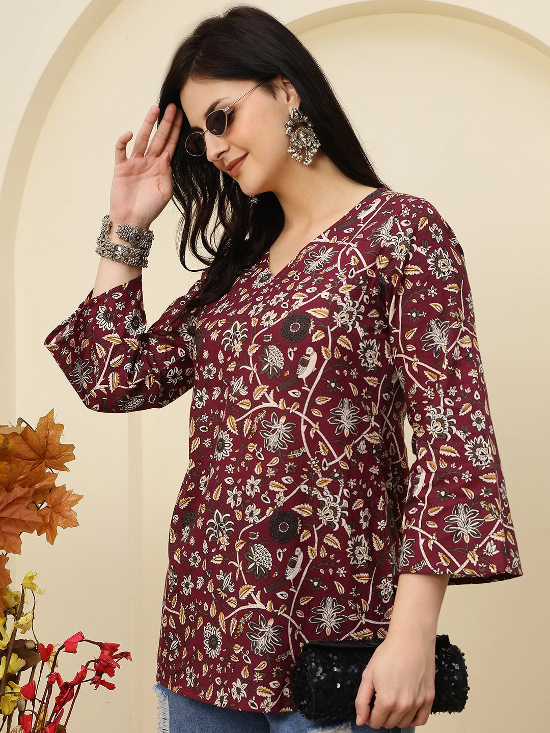 Maroon Floral Printed V-Neck Pure Cotton Short Kurti