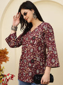 Maroon Floral Printed V-Neck Pure Cotton Short Kurti