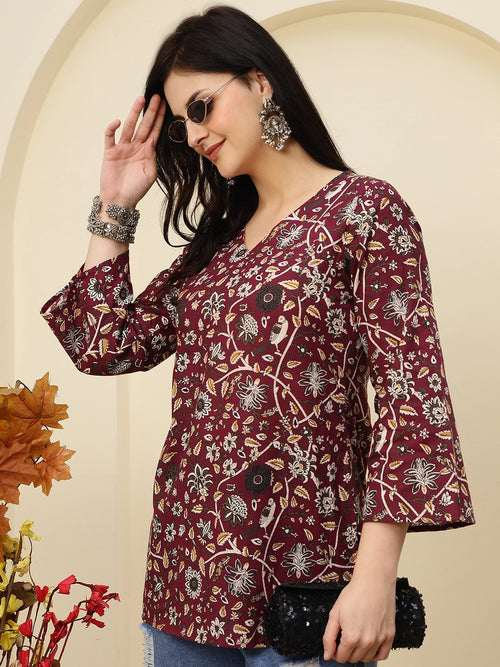 Maroon Floral Printed V-Neck Pure Cotton Short Kurti