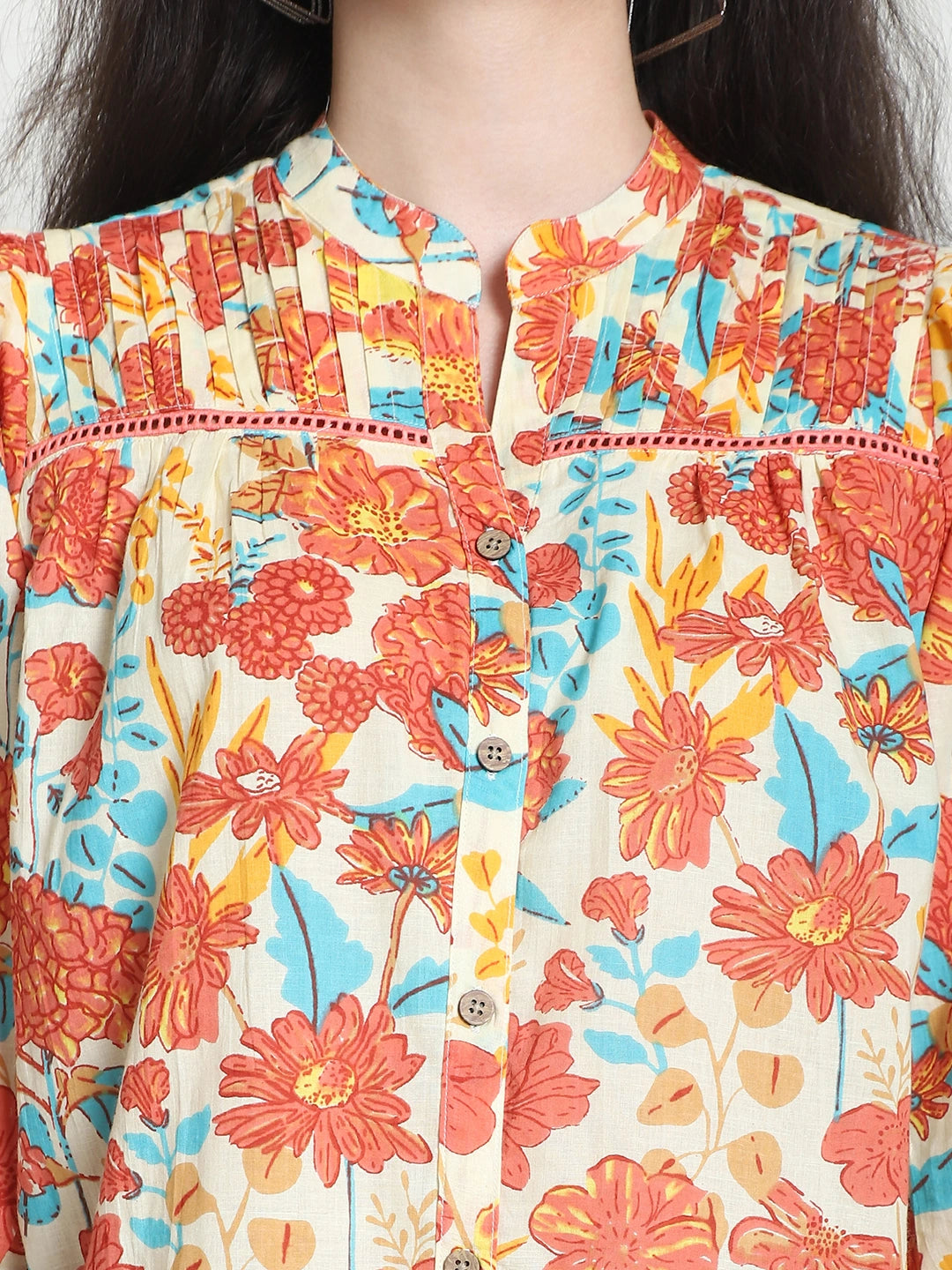 Frempy Women Blue Floral Printed Pure Cotton Top