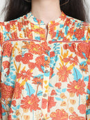 Frempy Women Blue Floral Printed Pure Cotton Top