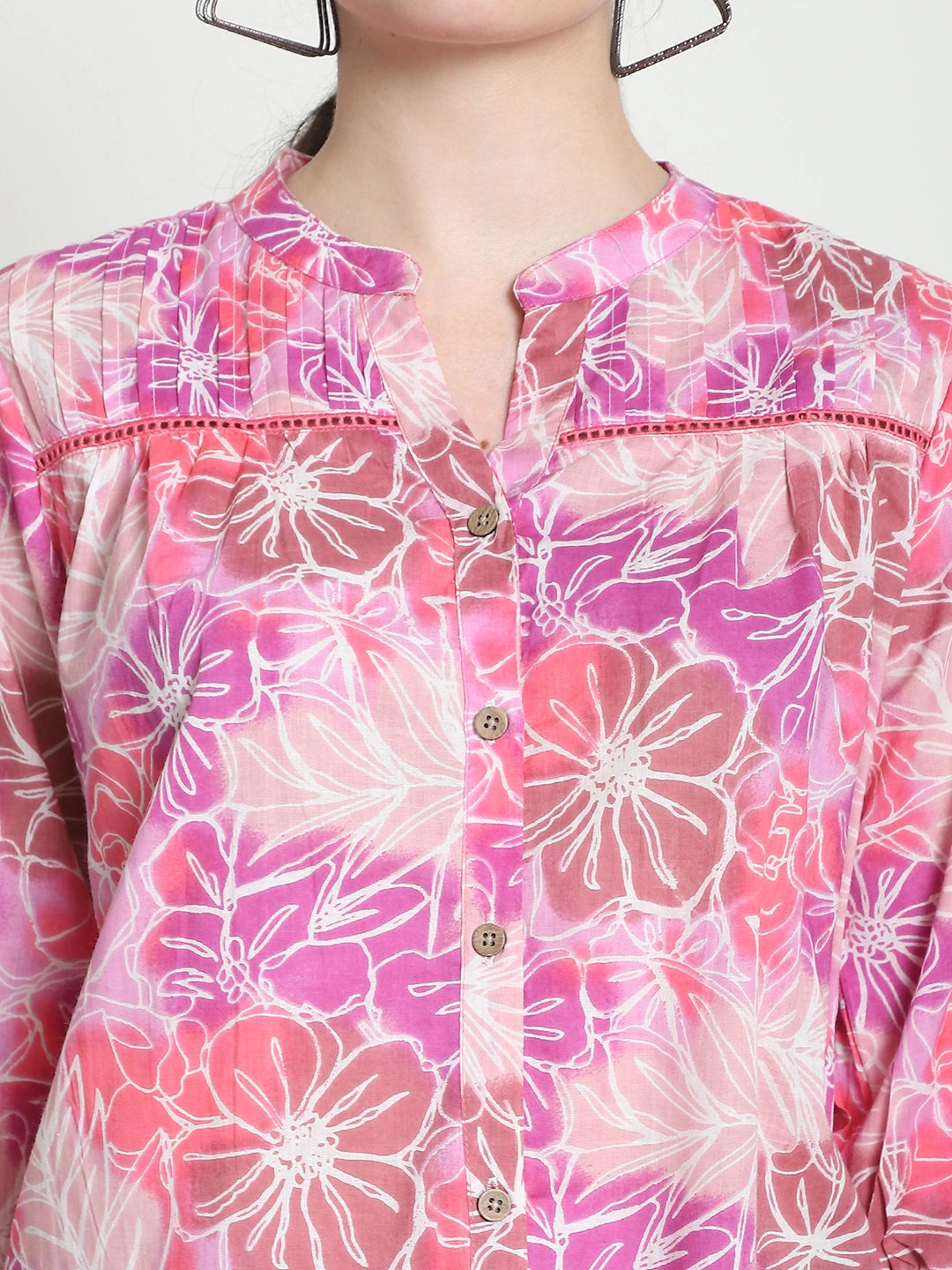 Frempy Women Pink Floral Printed Pure Cotton Top