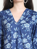 Frempy Women Navy Blue Floral Printed Pure Cotton Top