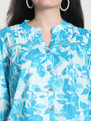 Frempy Women Blue Floral Printed Pure Cotton Top