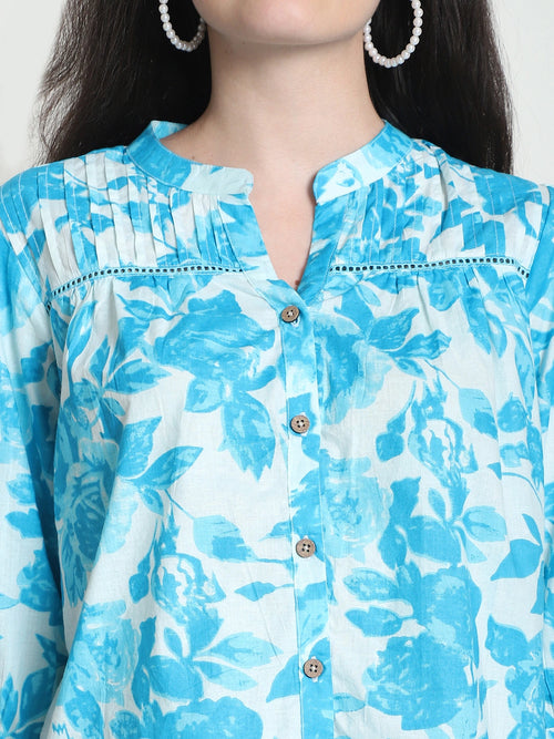 Frempy Women Blue Floral Printed Pure Cotton Top