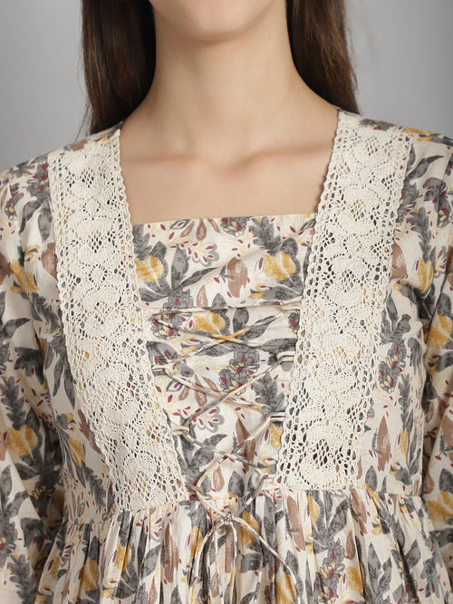 Off White Floral Printed Floral Pure Cotton Top