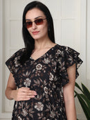 Frempy Women Fit and Flare Coffee Brown Floral Printed Midi Dress
