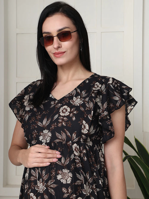 Frempy Women Fit and Flare Coffee Brown Floral Printed Midi Dress