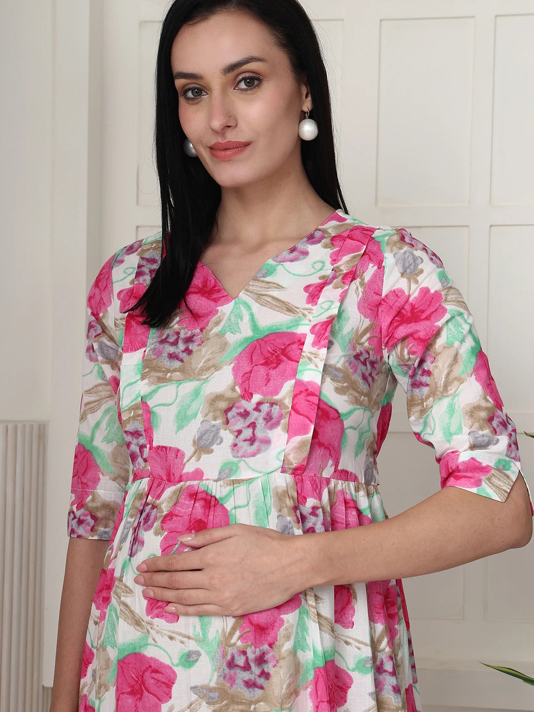 Frempy Women Multicolored Floral Printed  Maternity Dress