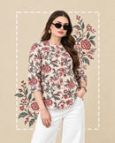 Off White Kalamkari Floral Print Gathered Pure Cotton Top