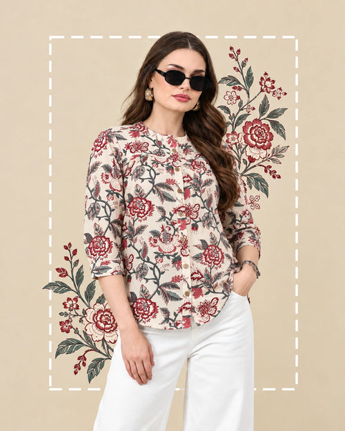 Off White Kalamkari Floral Print Gathered Pure Cotton Top