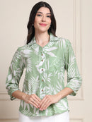Sage Green Tropical Print Pure Cotton Shirt Style Top